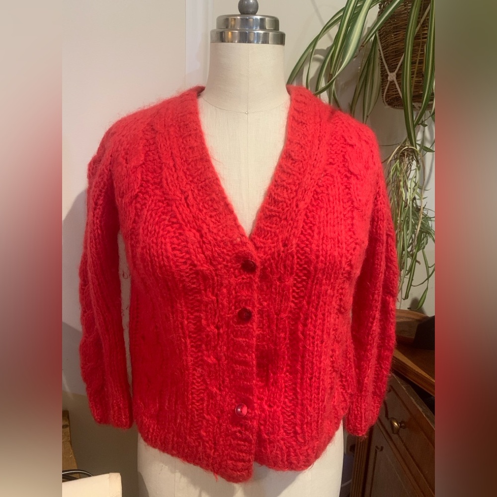 Vintage hand knitted red mohair wool blend cardigan sz. L